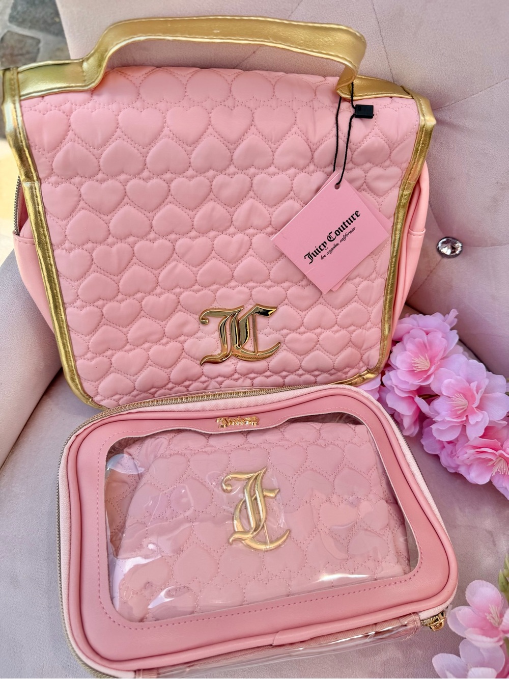 Juicy Couture Pink Quilted Heart Travel Bag Set with Gold Trim
